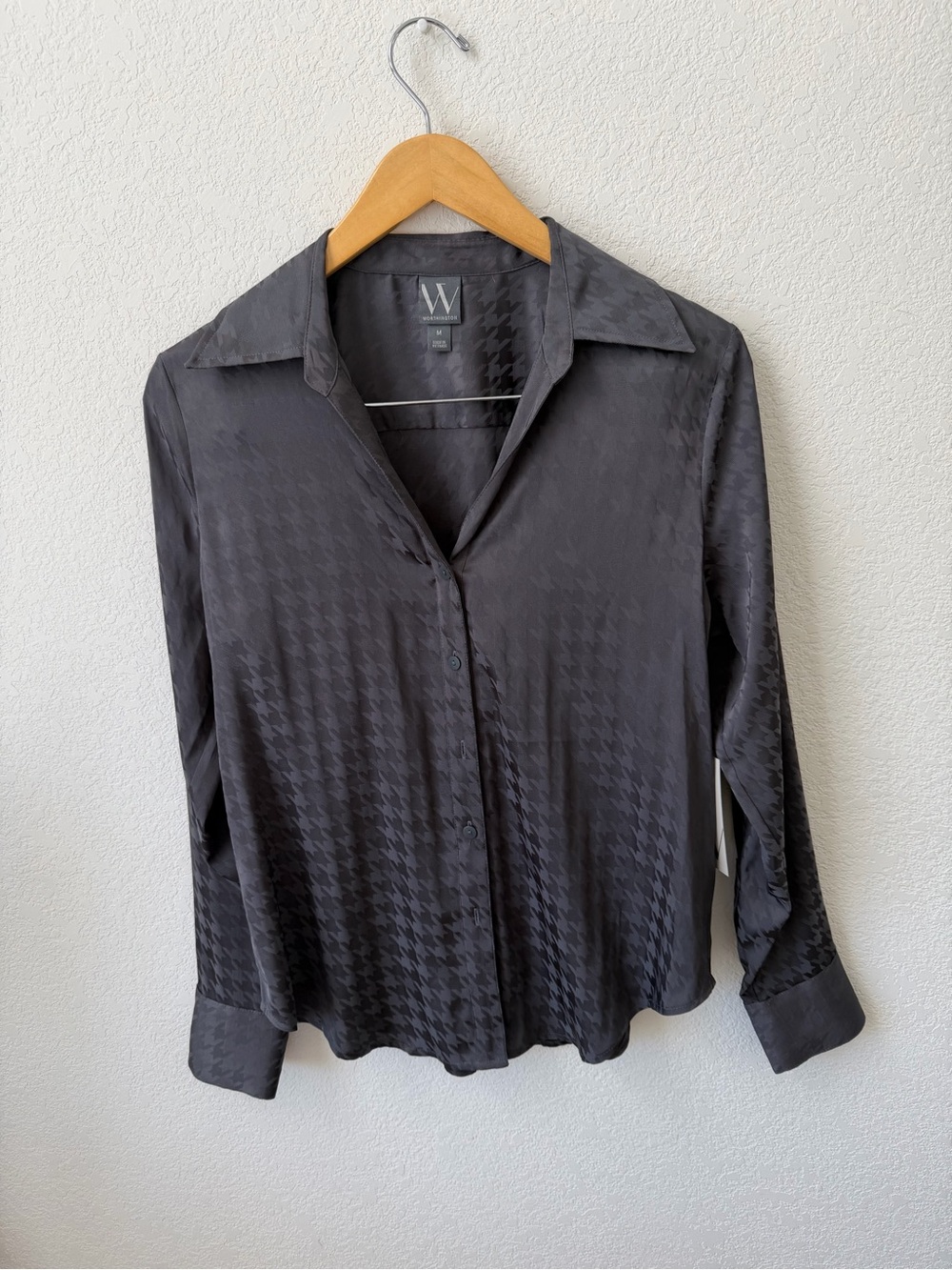 Worthington Gray Satin Houndstooth Button-Down Blouse